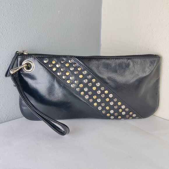 Sophia visconti Clutch Wristlet Studded Black Leather Lime Green Lined Handbag - Picture 15 of 15